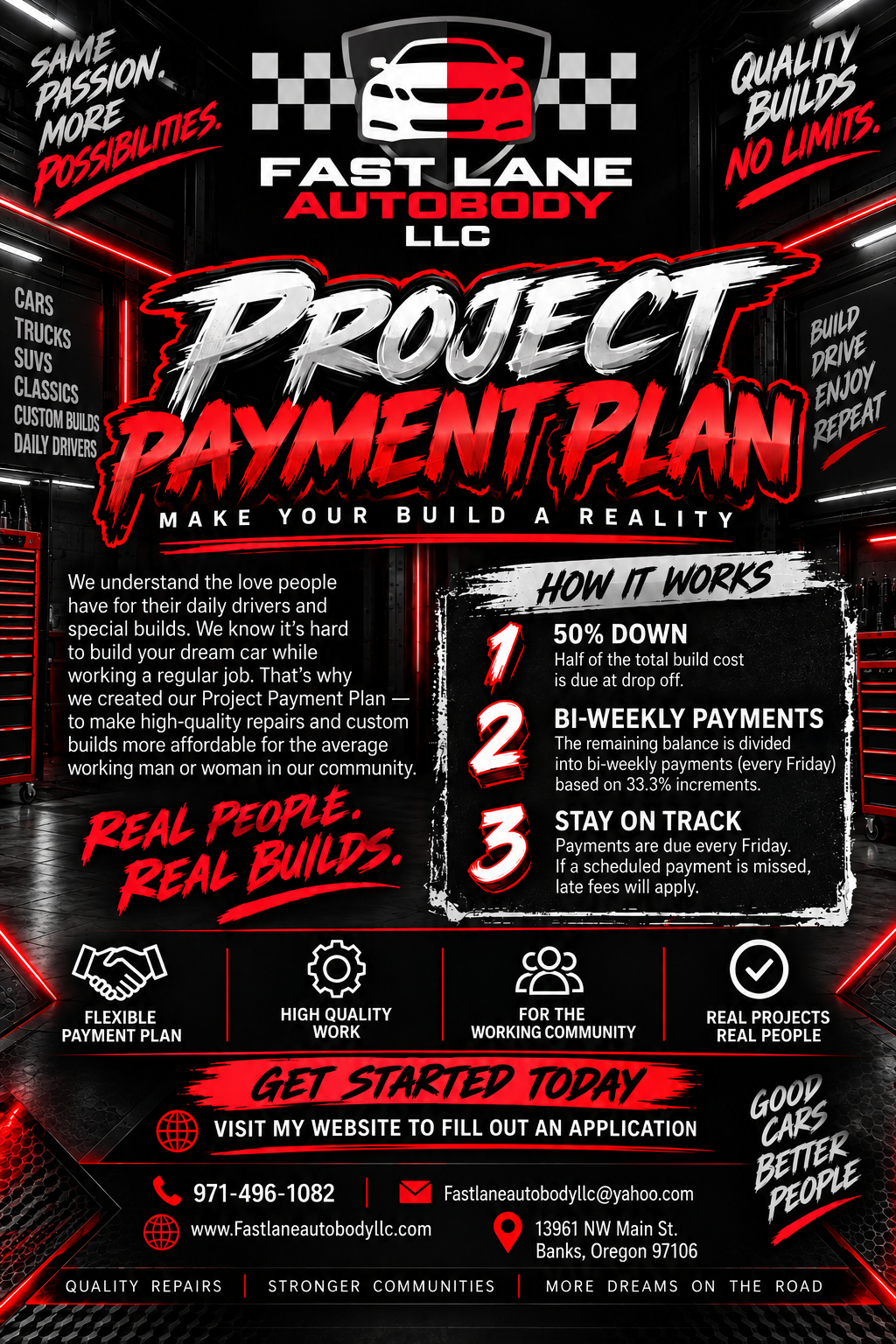 Fast Lane Autobody Project Payment Plan — Make Your Build a Reality. 50% down at drop-off, biweekly payments every Friday, flexible plan for cars, trucks, SUVs, classics, and custom builds.
