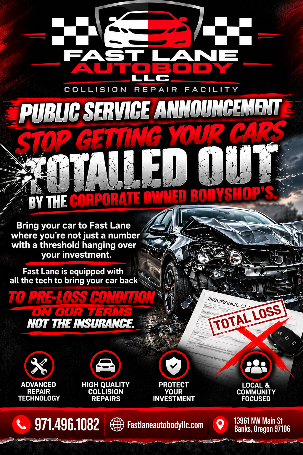Fast Lane Autobody public service announcement — stop getting your cars totalled out by corporate body shops